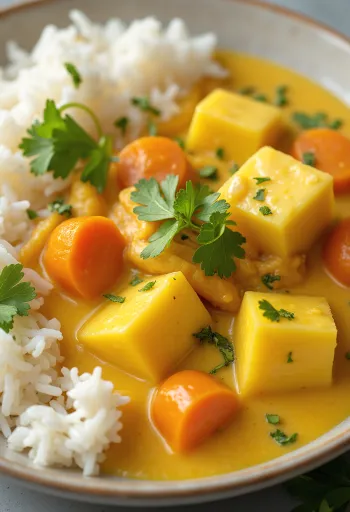 Kruidige auberginecurry geserveerd met kokosmelk