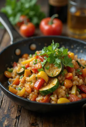 Paprika met groentesaus, geserveerd met verse koriander