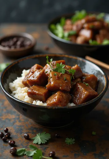 Pork adobo geserveerd met gestoomde rijst