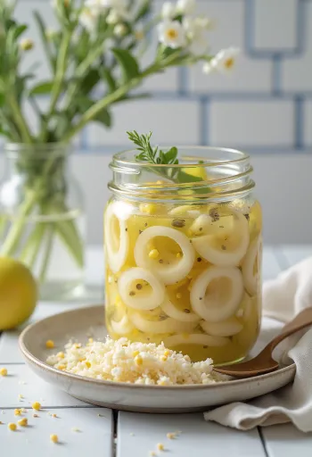 Prei-appel inmaak in pot, versierd met verse dille