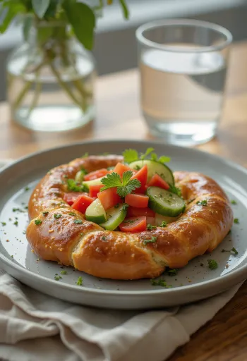 Pretzel geserveerd met groenten, met rijke verse groenten, knapperig van buiten en zacht van binnen