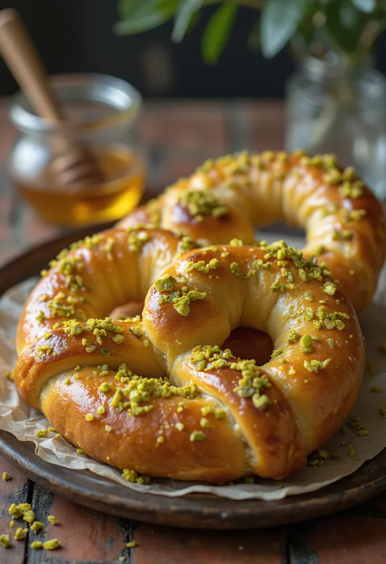 Krokante honing-pistachepretzel geserveerd