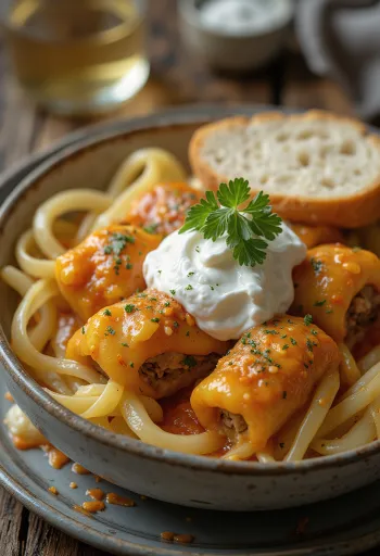 Gevulde koolrolletjes, gerold in zuurkoolbladeren, gevuld met kruidig gehakt en rijst, geserveerd in tomatensaus