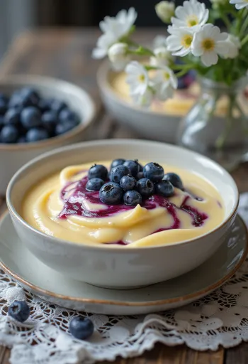 Vanillesaus met blauwe bessen geserveerd