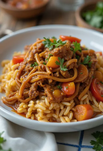 Carne Mechada geserveerd met arepa's en rijst