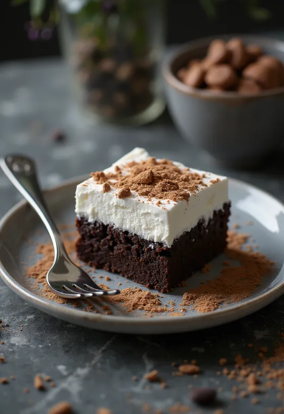 Chocoladeschnitte met room geserveerd