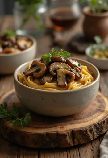 Champignonsaus met balsamico geserveerd met pasta