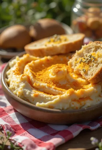 Körözött geserveerd met verse groenten en op toast gesmeerd