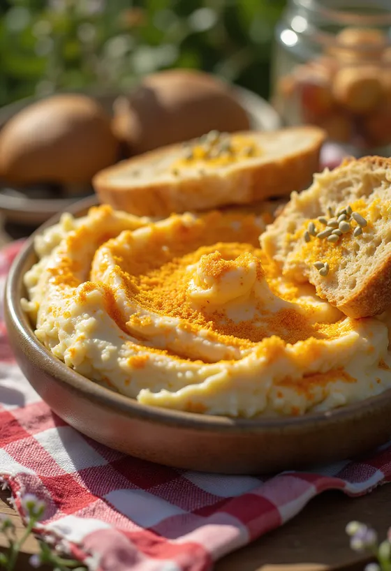 Körözött geserveerd met verse groenten en op toast gesmeerd