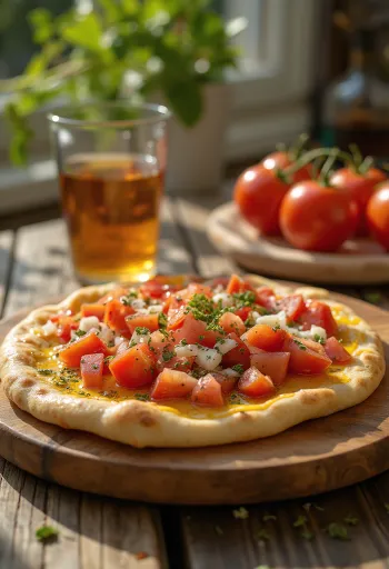 Manakish met tomaat, geserveerd met yoghurt