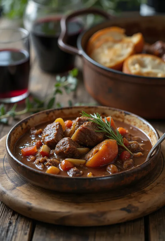Rundergoulash met rode wijn geserveerd