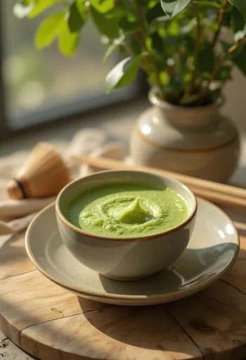 Een kopje schuimige matcha thee, versierd met matcha poeder