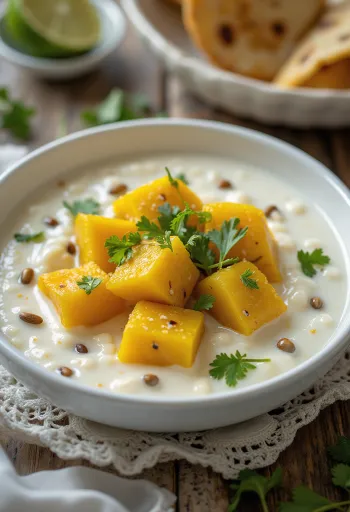 Tinda dahi, met yoghurt en koriander, versierd met vers limoenblad