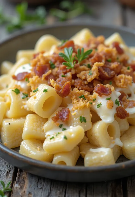 Pasta met kwark en spekjes (Túrós csusza), bestrooid met kaantjes en geserveerd met verse dille