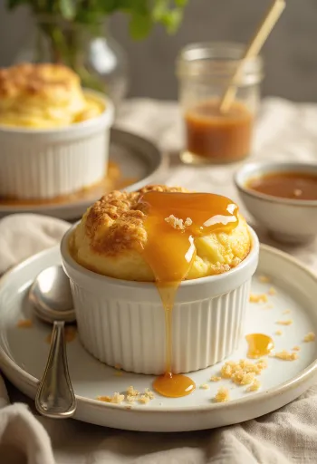 Vanille-gezouten karamelsoufflé geserveerd