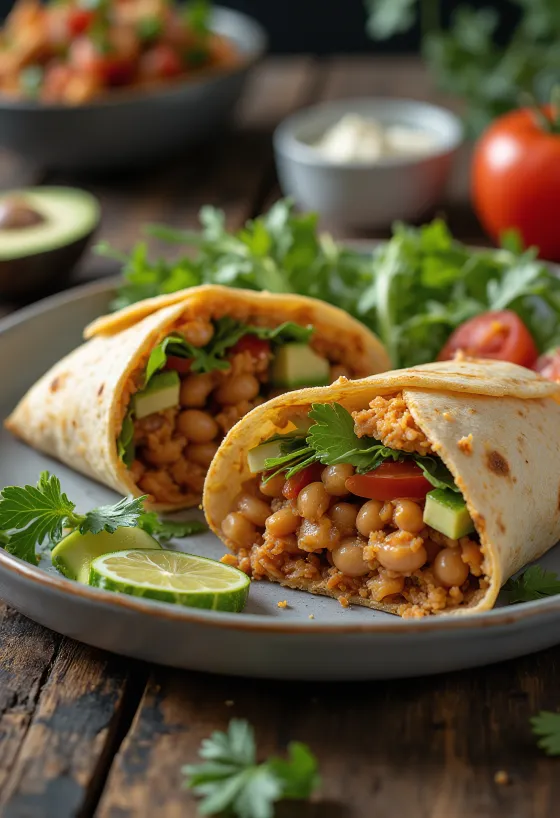 Vegan tortillawrap met verse groenten en bonenspread