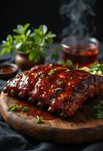 BBQ spareribs geserveerd met gebakken aardappelen en verse salade