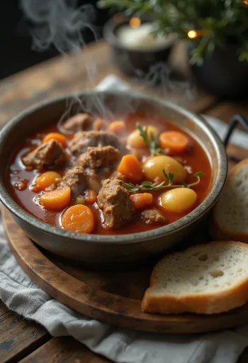 Bográcsgulyás rokerig, rijk geserveerd met vers brood