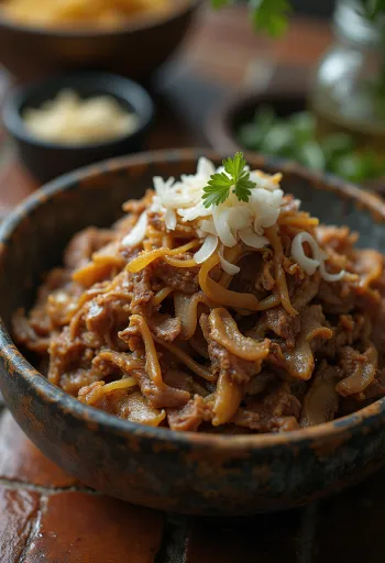 Carne Seca geserveerd met rijst en verse koriander