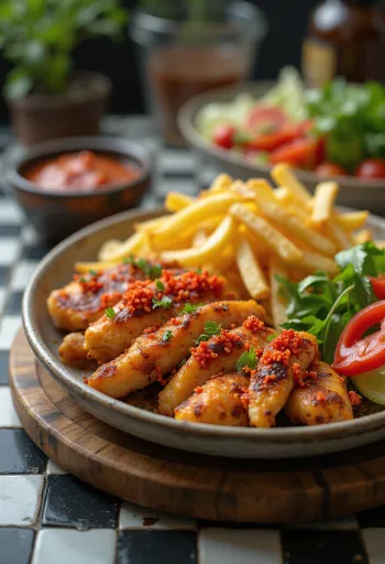 Pittige gyrosschotel met gebakken vlees, groenten en chilisaus