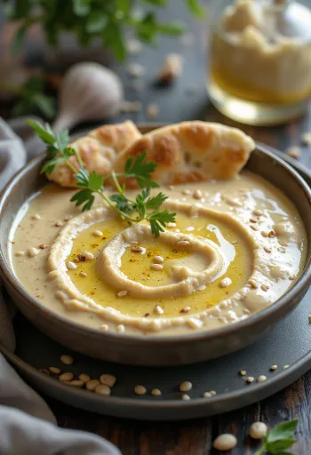 Curry-knoflook-tahinisaus in een schaaltje