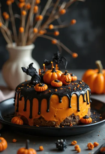 Halloweentaart met oranje fondant en zwarte decoratie