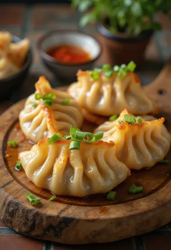 Japanse kimchi gyoza in deeg met knapperige onderkant, kimchi varkensvleesvulling, geserveerd met sojasaus dip
