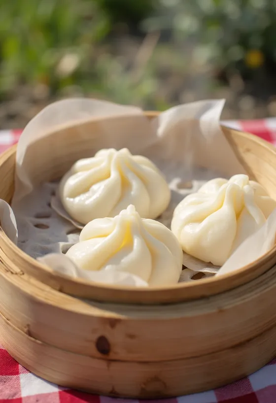 Klassieke gestoomde bao broodjes op een wit bord, eenvoudige presentatie