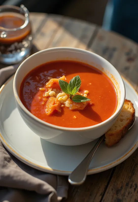 Tomatensoep geserveerd met geurige basilicum en geroosterde broodblokjes