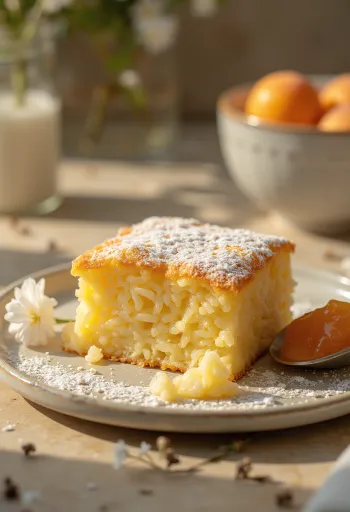 Goudbruin gebakken rijstsoufflé, bestrooid met poedersuiker en geserveerd met fruitjam