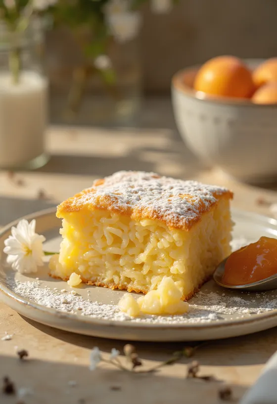 Goudbruin gebakken rijstsoufflé, bestrooid met poedersuiker en geserveerd met fruitjam