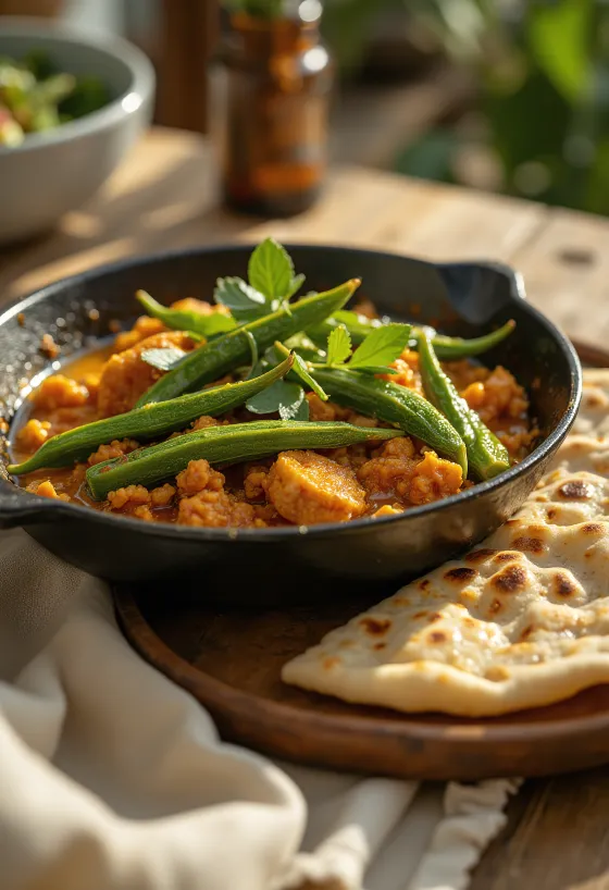 Bhindi Masala Sabzi in een schaal, gegarneerd met verse koriander