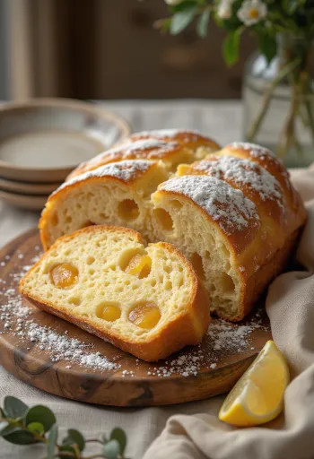 Gesneden kweeperenstollen, bestrooid met poedersuiker