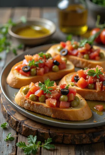 Bruschetta met olijven, tomatenmengsel, versierd met verse basilicum