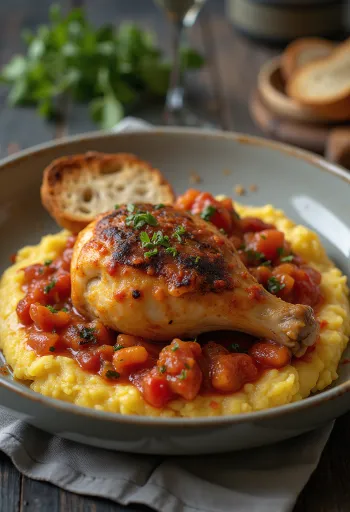 Cacciatore met polenta, geserveerd met tomatensaus en verse basilicum