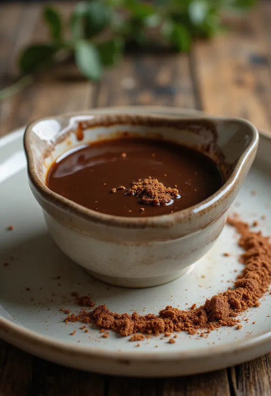 Zoete chocolade-chilisaus geserveerd
