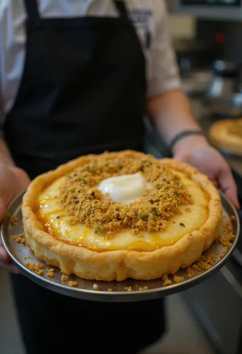 Knafeh Na'ameh, met fijn gemalen deeg, feta en pistachegarnering