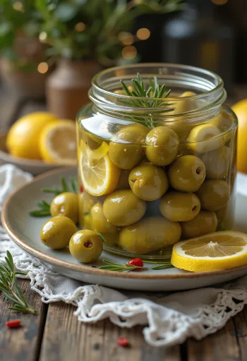 Ingelegde olijven in een glazen pot