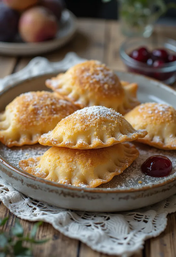 Vers gekookte derelye met pruimenjam, bestrooid met geroosterd paneermeel.