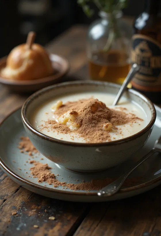 Romige griesmeelpudding bestrooid met cacao, geserveerd met vers fruit.