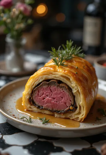 Beef Wellington in plakken gesneden, geserveerd met verse groenten