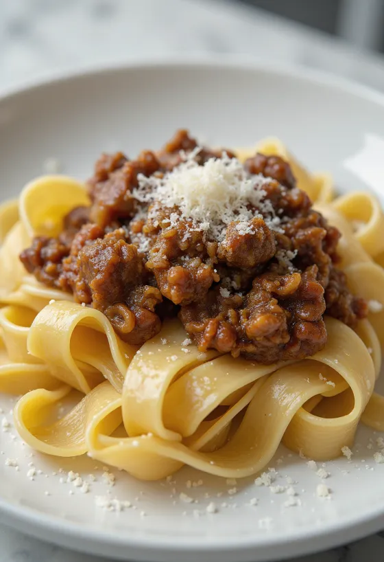 Wildzwijnragout met pappardelle geserveerd op een rustiek bord.